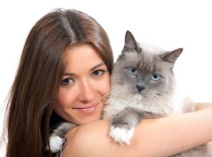 Young woman hold Ragdoll cat blue eye and smile isolated on a white background